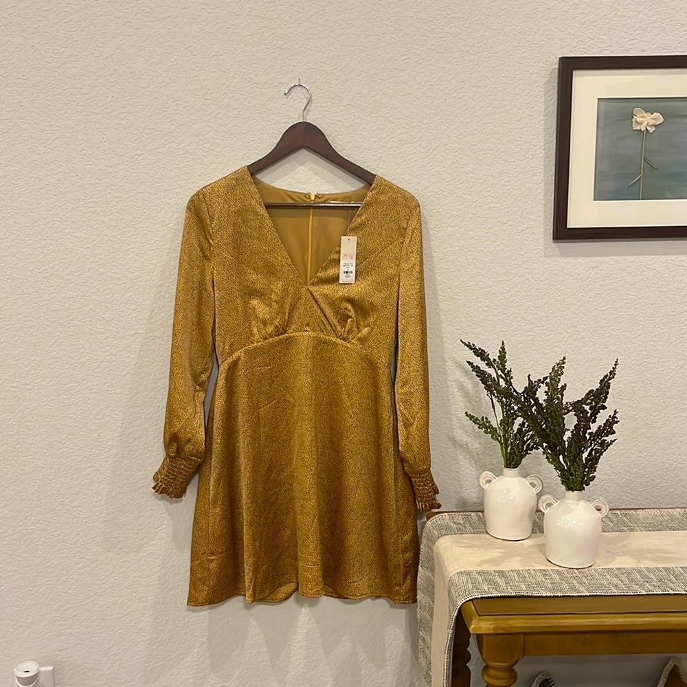 Francesca's gold satin mini dress with long sleeves
